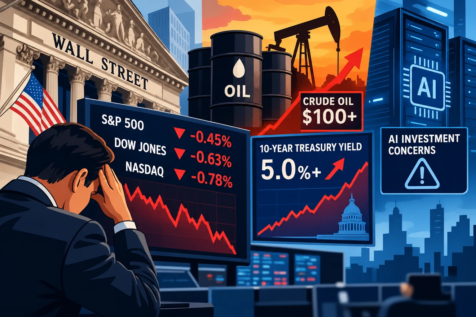 US Stock Futures Fall as Oil Prices, Treasury Yields and AI Fears Weigh on Wall Street